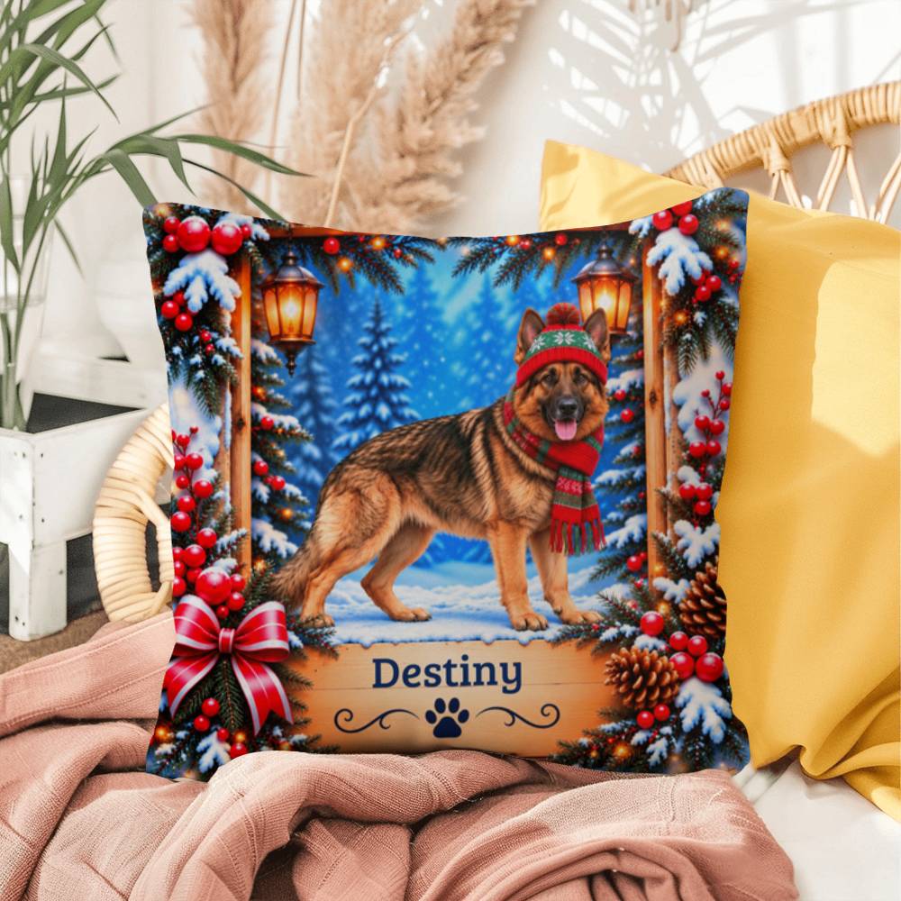 German Shepherd (Gold Sable Coat) - Personalized Cozy Lodge Pillow, Winter Dog Name Gift