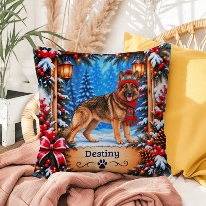German Shepherd (Gold Sable Coat) - Personalized Cozy Lodge Pillow, Winter Dog Name Gift