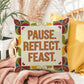 Pause. Reflect. Feast. pillow featuring Thanksgiving gratitude quote and cozy autumn home décor