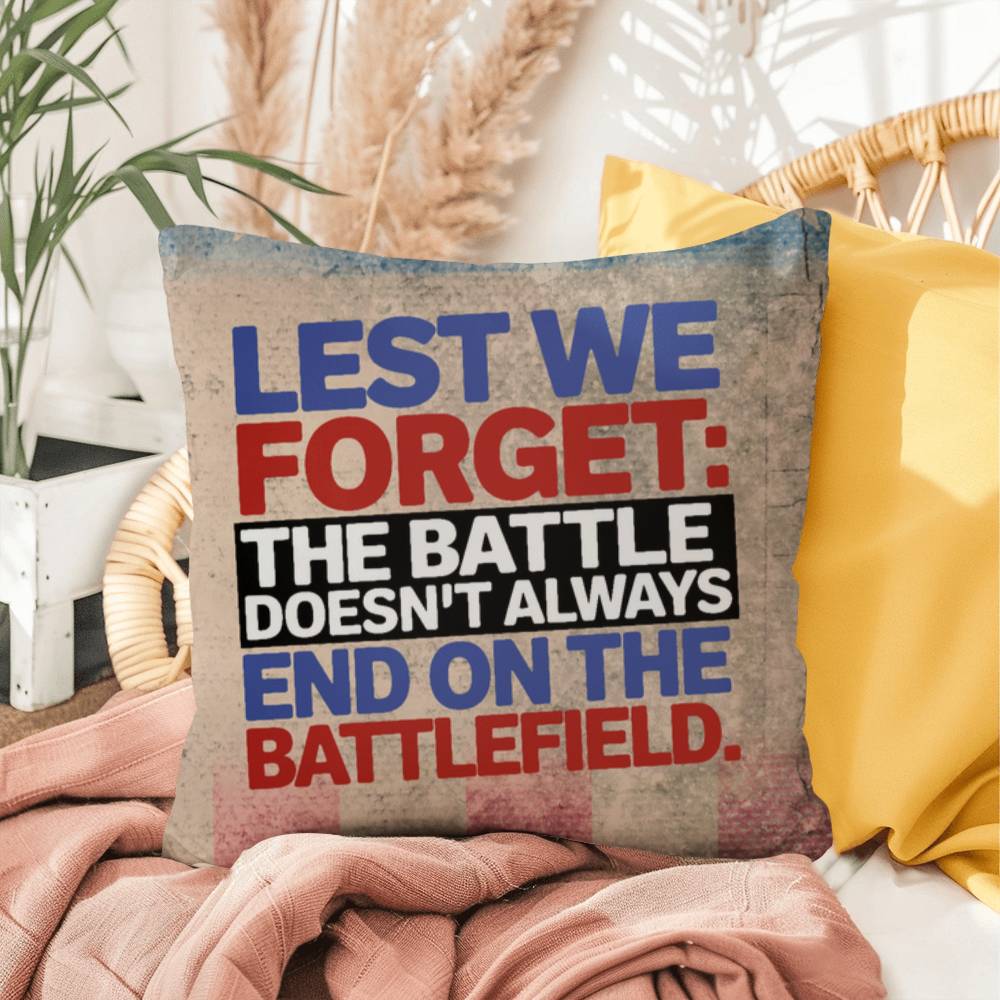 Lest We Forget custom military remembrance pillow for PTSD support, Memorial Day tribute, and honoring veteran service