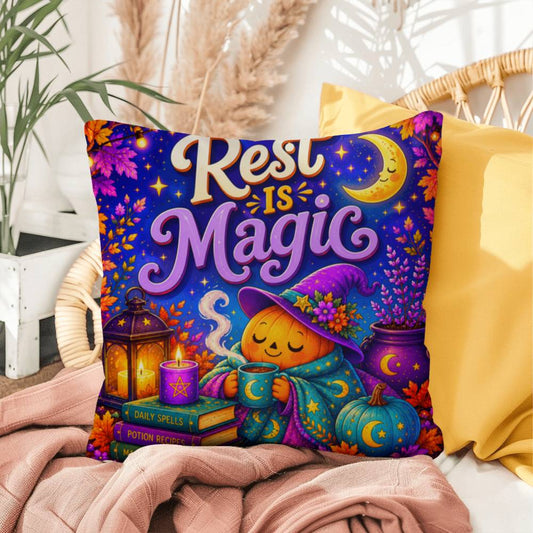 Rest Is Magic quote with witch, moon, and self care artwork on a Halloween throw pillow