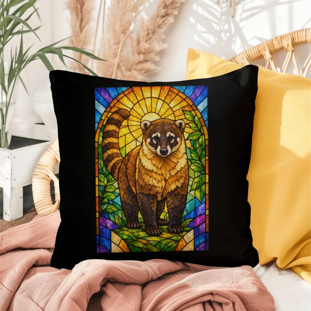 Shop our premium coati stained glass style throw pillow from MySisterIsASurvivor.