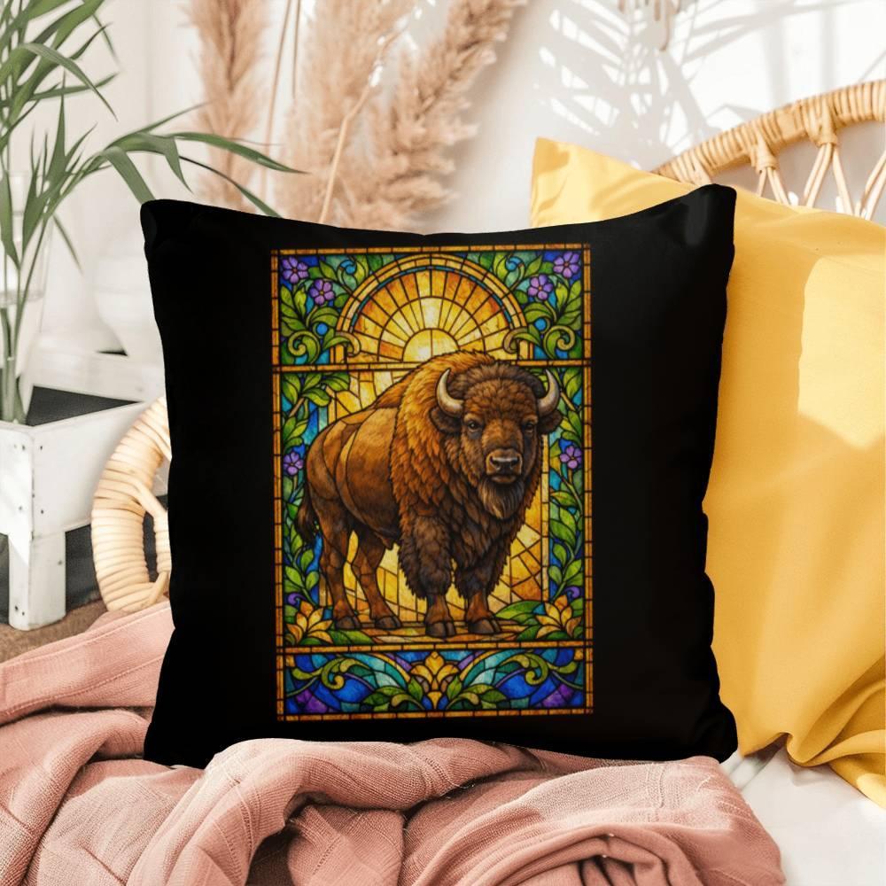Shop our premium bison stained glass style throw pillow from MySisterIsASurvivor.