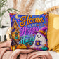 Home Is My Happy Haunt design with cozy ghost house artwork on a Halloween throw pillow