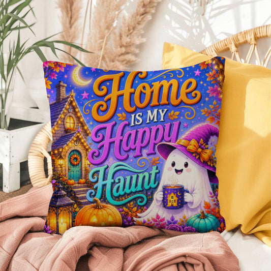 Home Is My Happy Haunt design with cozy ghost house artwork on a Halloween throw pillow