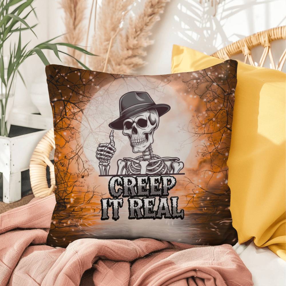 Funny Halloween indoor/outdoor pillow with “Creep It Real” for seasonal humor and décor