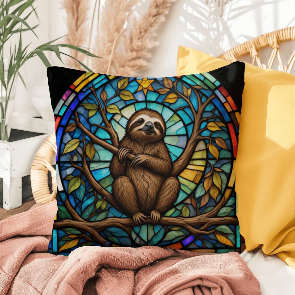 Sloth stained glass throw pillow, jungle animal decor, indoor outdoor cozy home accent