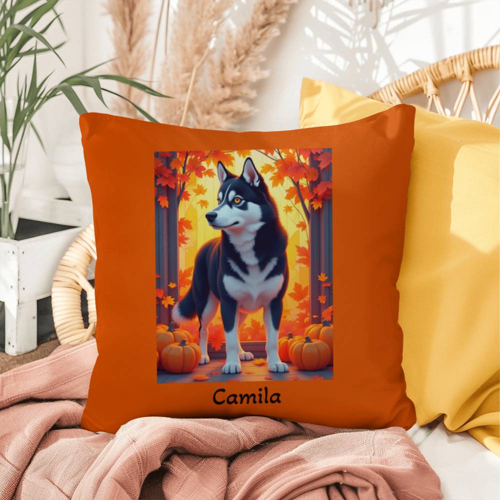 Siberian Husky Black & White Coat (Amber Eyes) Pillow, Indoor Outdoor Dog Cushion, Personalized