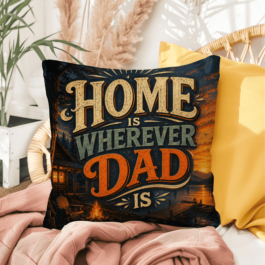Shop our home is wherever dad is throw pillow featuring the 16" x 16" style option from MySisterIsASurvivor.