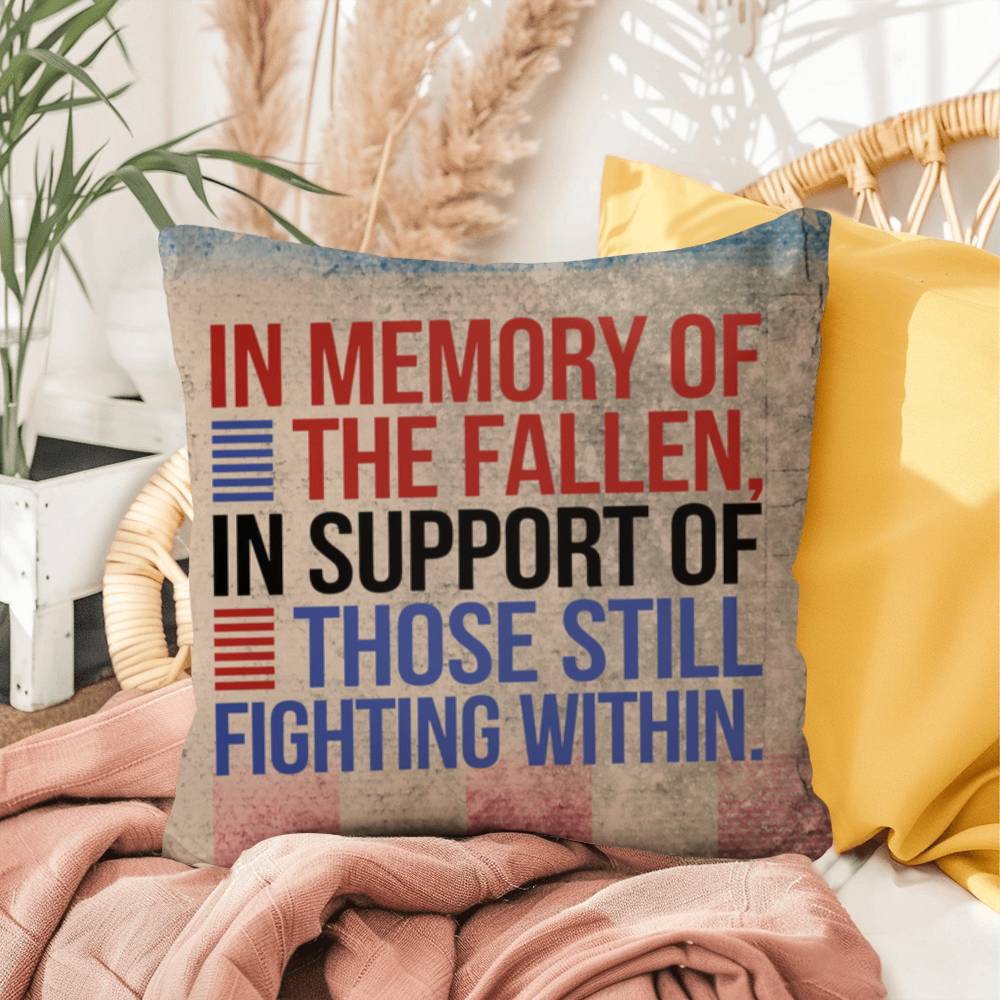 In Memory of the Fallen personalized patriotic pillow for veteran tribute, PTSD awareness, and Memorial Day remembrance