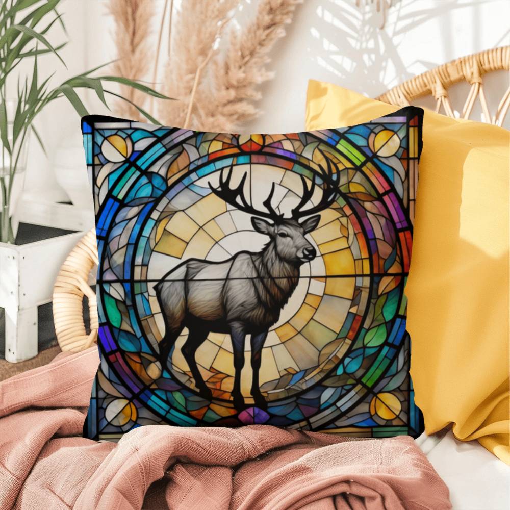 Reindeer stained glass throw pillow, holiday wildlife decor, indoor outdoor accent cushion