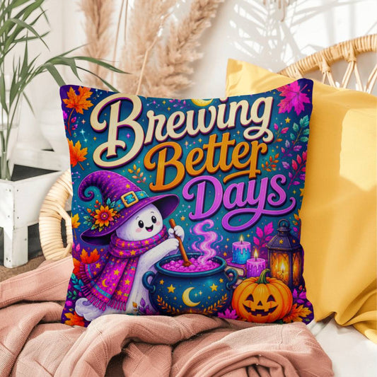 Brewing Better Days quote with witch cauldron artwork on a Halloween throw pillow inspired by healing
