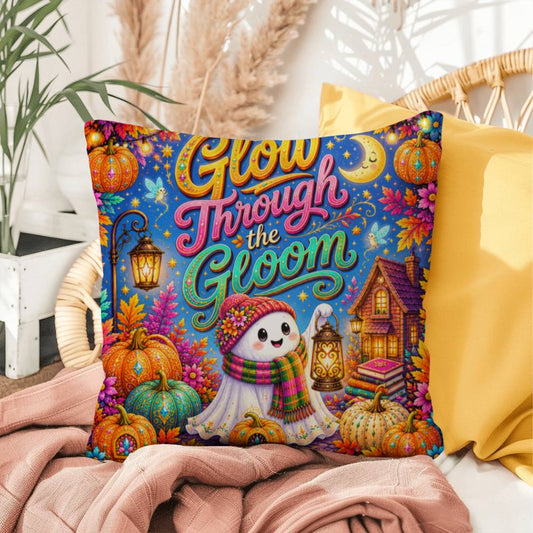 Glow Through The Gloom quote with ghost lantern artwork on an encouraging Halloween throw pillow