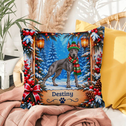 Doberman (Blue Coat) - Personalized Woodland Throw Pillow, Winter Gift for Dobie Owners