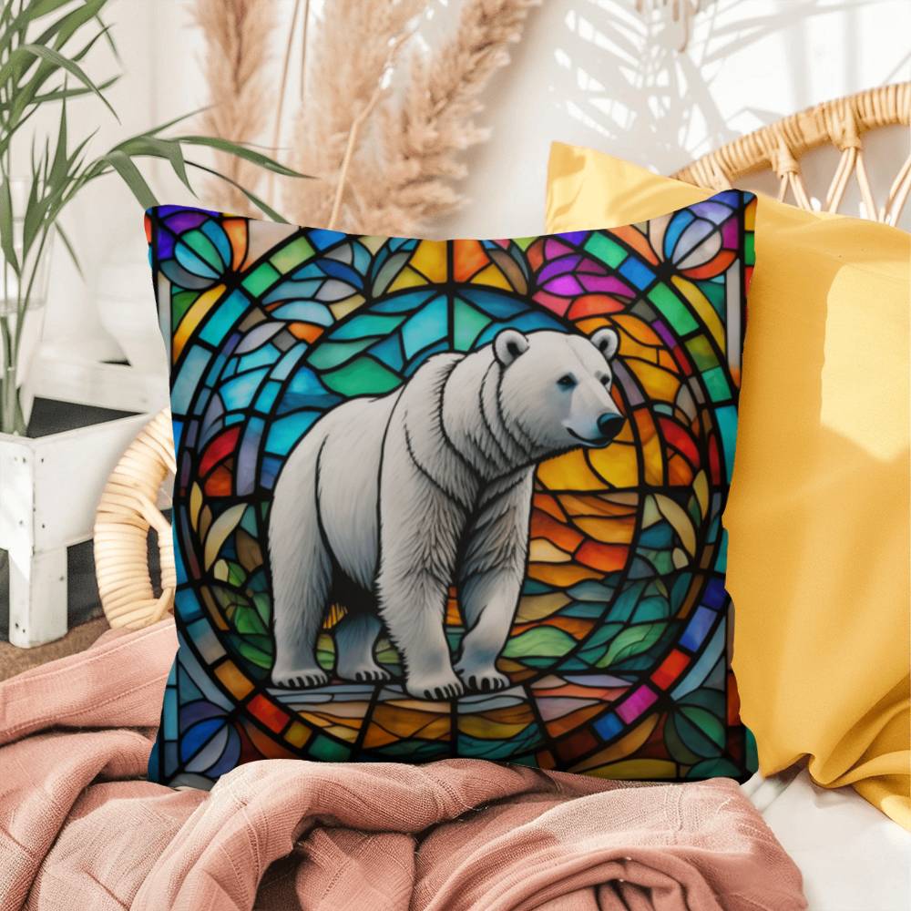 Polar Bear stained glass throw pillow, Arctic wildlife decor, indoor outdoor home accent
