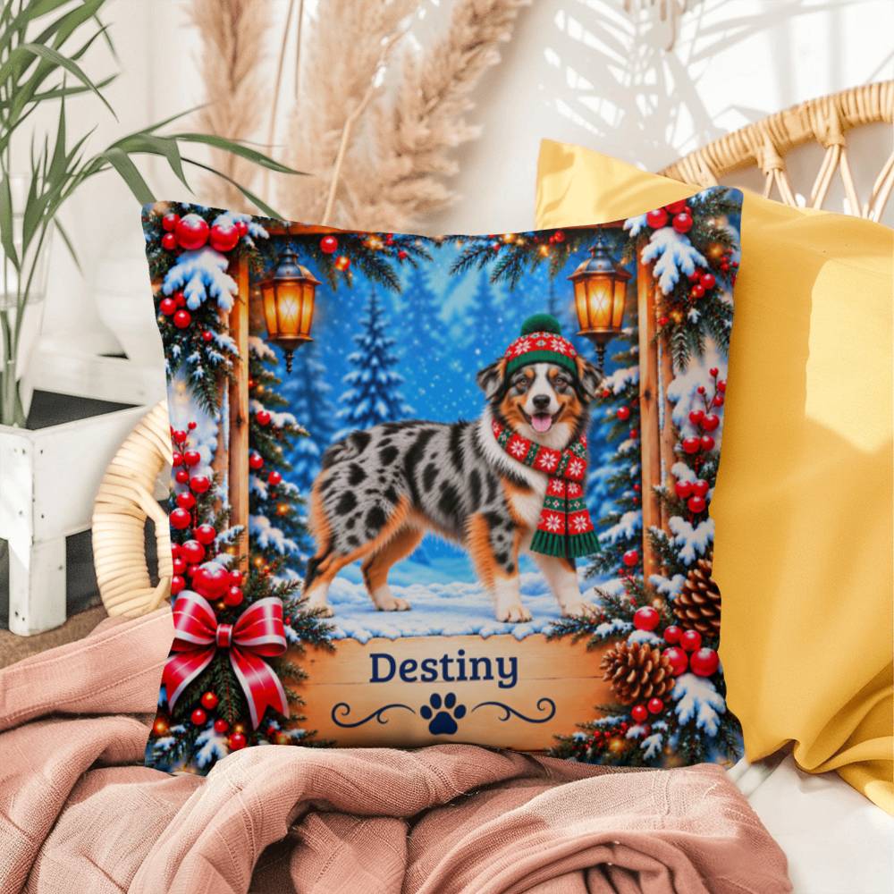 Australian Shepherd (Blue Merle Tri, Amber Eyes) - Personalized Winter Pillow for Aussie Lovers