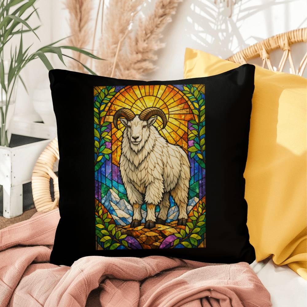 Shop our premium mountain goat stained glass style throw pillow from MySisterIsASurvivor.