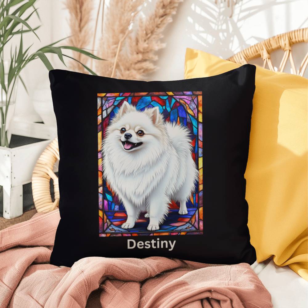 Pomeranian (White) Indoor/Outdoor Pillow - Personalized Stained Glass Dog Tribute & Comfort Gift