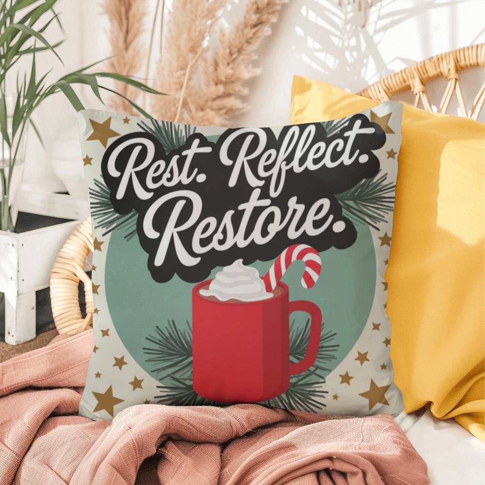 Rest. Reflect. Restore Throw Pillow - Peaceful Christmas pillow for rest and mindfulness