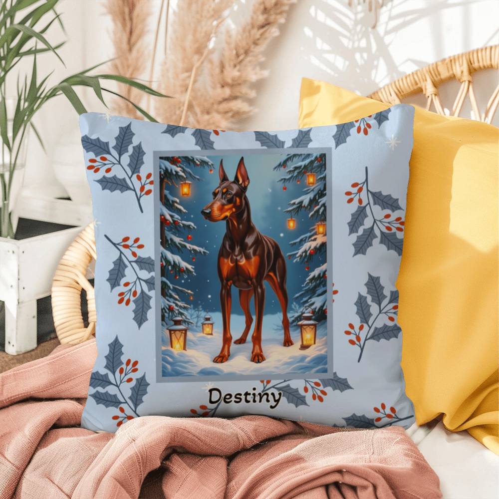 Doberman Red & Rust Pillow - Holiday Doberman throw pillow, festive winter dog decor, indoor cozy accent