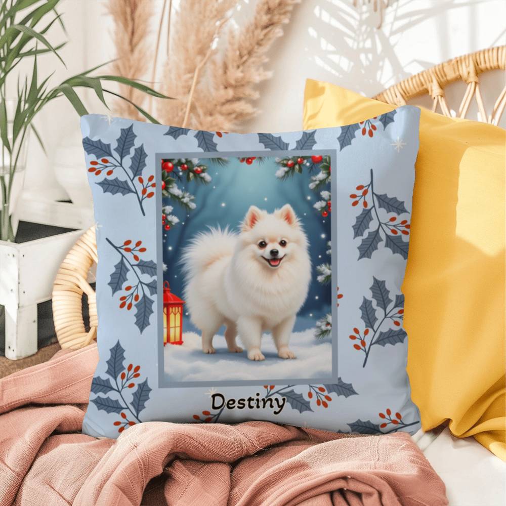 Pomeranian White Pillow - Winter Pomeranian throw pillow, indoor dog accent, cozy home decor