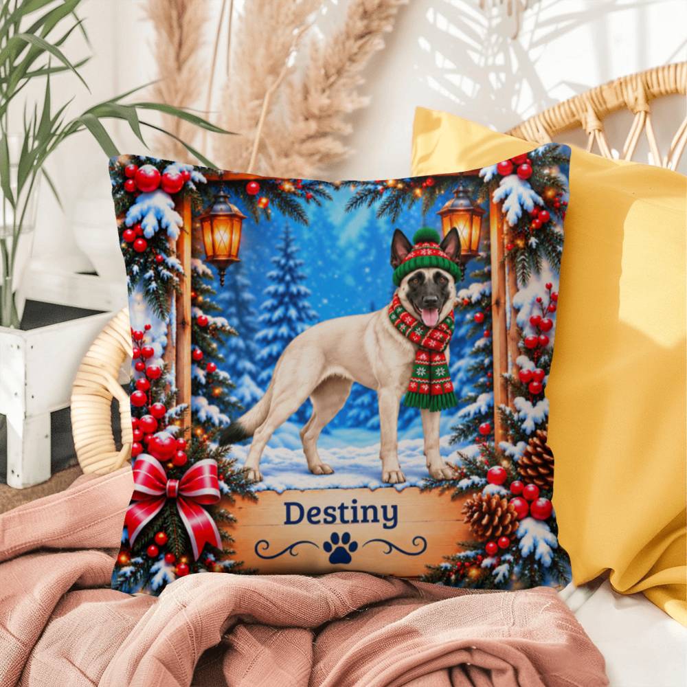 Belgian Malinois (Cream Coat) - Personalized Winter Throw Pillow, Indoor Outdoor Dog Name Gift