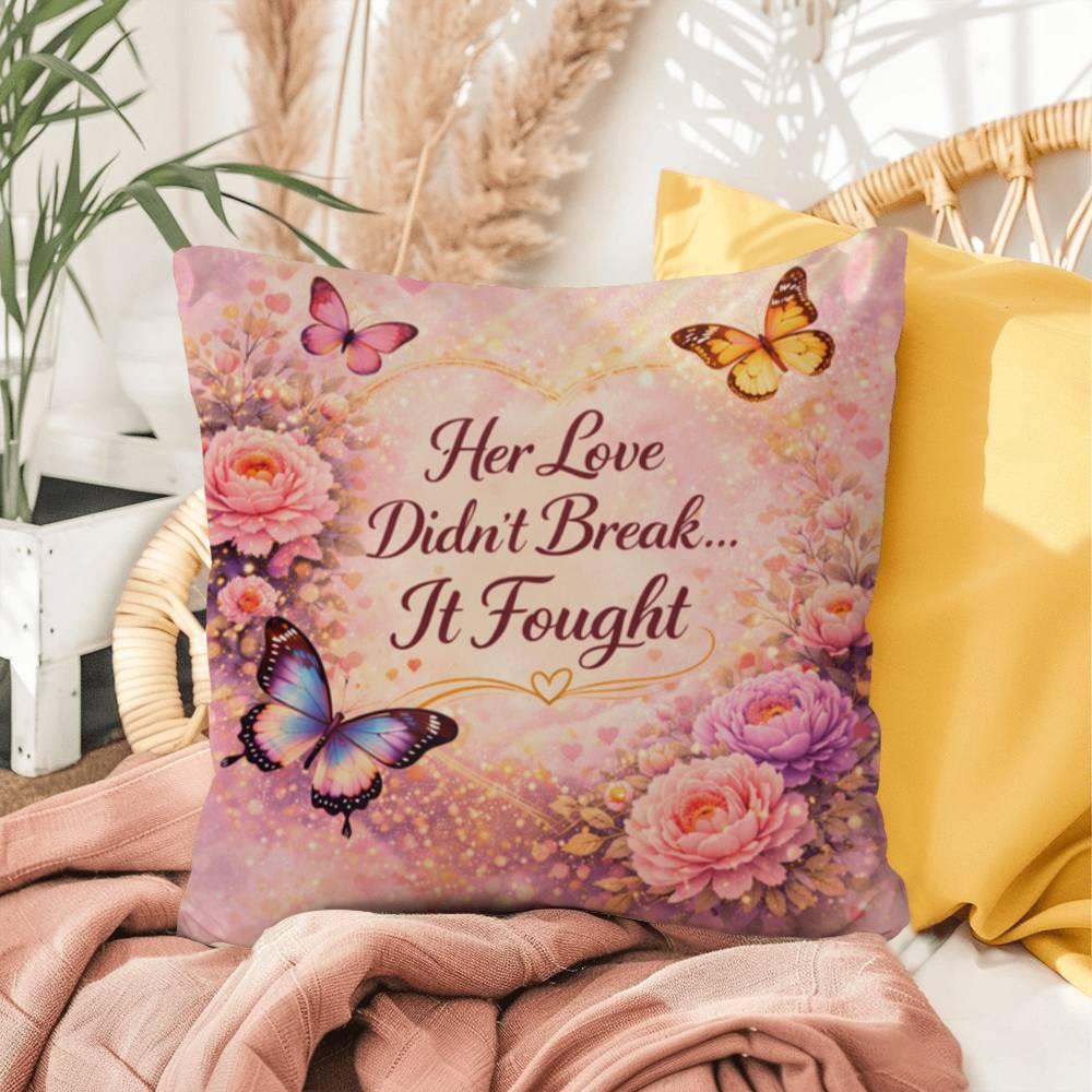 Shop our her love didnt break it fought throw pillow featuring the 16" x 16" style option from MySisterIsASurvivor.
