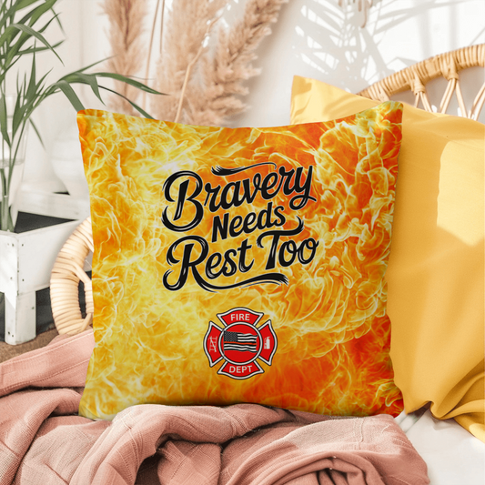 Custom pillow reminding first responders that bravery includes self-care and rest. Perfect for cozy spaces and mental health awareness.