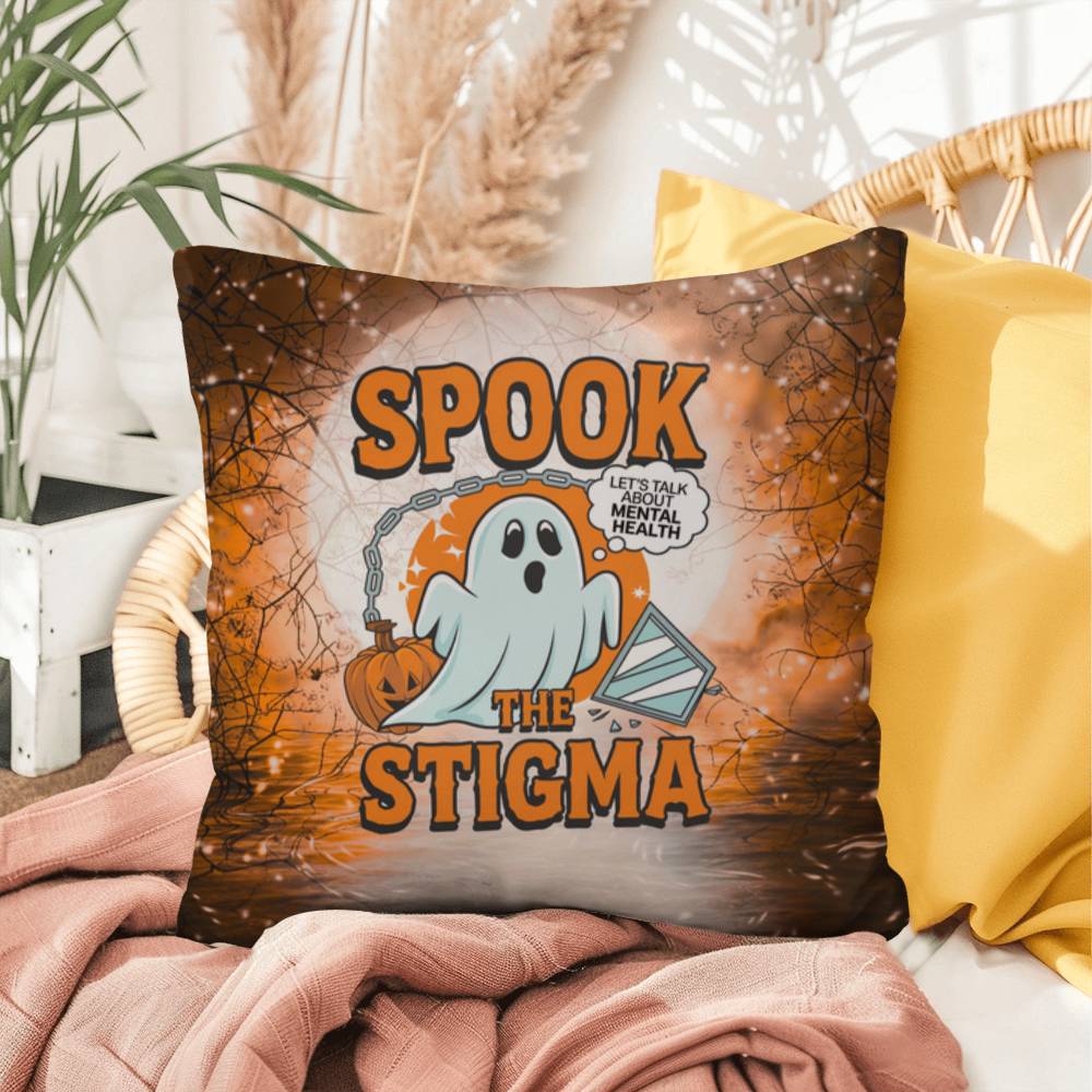Ghost-themed indoor/outdoor Halloween pillow with “Spook The Stigma” for mental health awareness