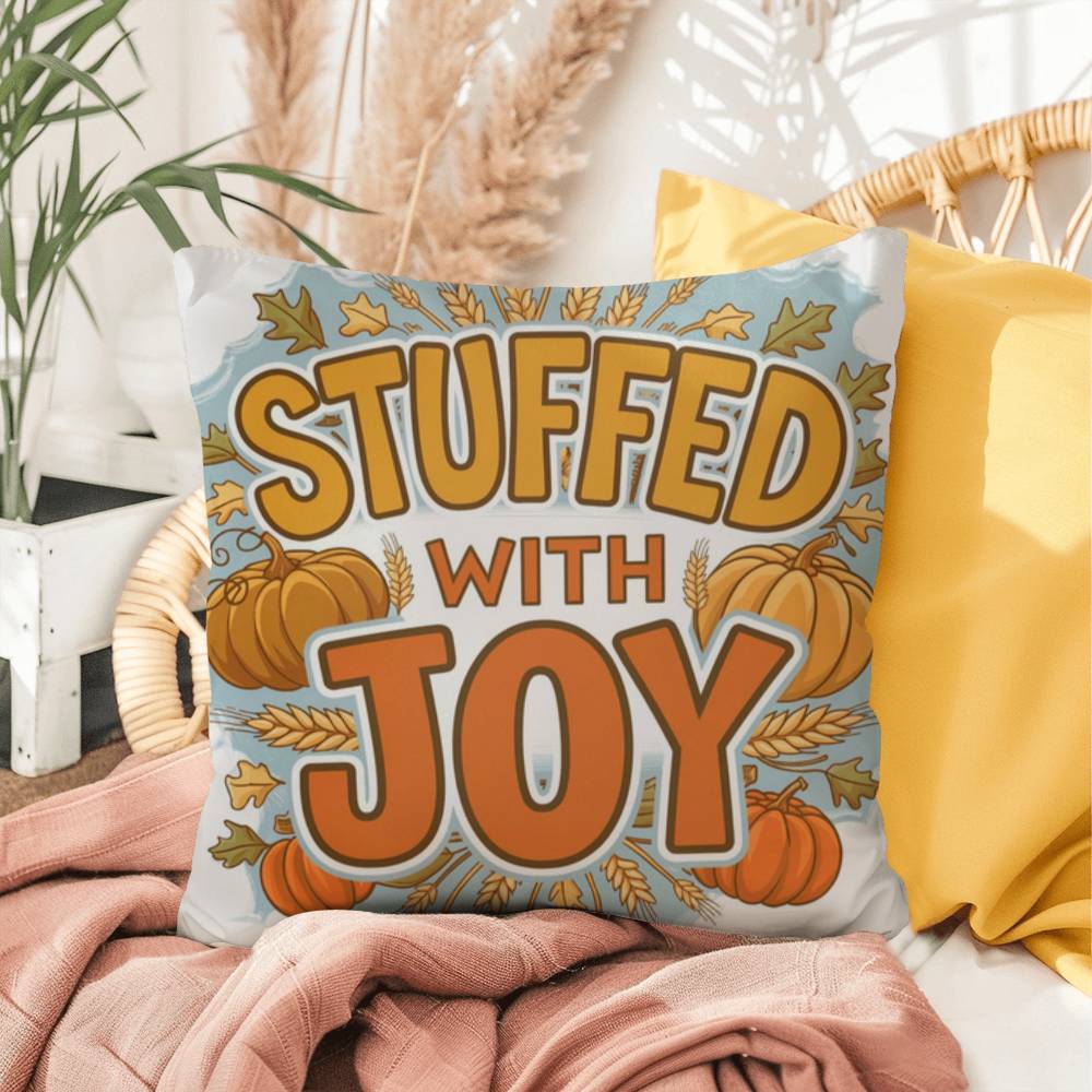 Stuffed With Joy pillow in autumn colors with mindful gratitude quote for cozy Thanksgiving décor