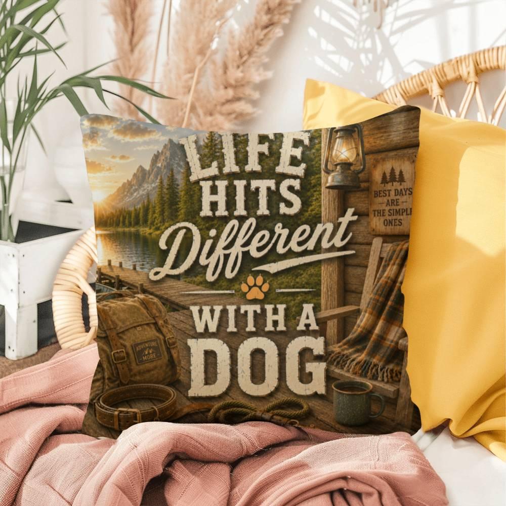 Shop our life hits different with a dog throw pillow featuring the 16" x 16" style option from MySisterIsASurvivor.