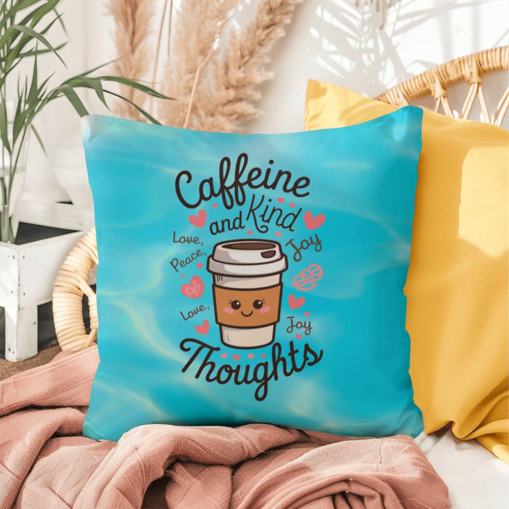 Caffeine And Kind Thoughts Indoor/Outdoor Pillow -Mental Health Support, Self-Care Decor, Anxiety Relief Throw Cushion