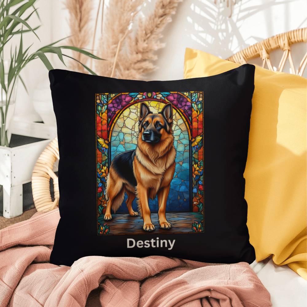 German Shepherd (Black and Tan) Indoor/Outdoor Pillow - Personalized Stained Glass Dog Tribute & Comfort Gift