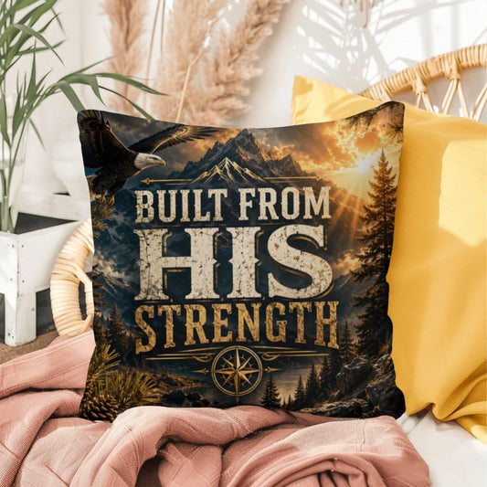 Shop our built from his strength throw pillow featuring the 16" x 16" style option from MySisterIsASurvivor.