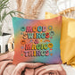 Custom affirmation pillow with “Mood Swings & Magic Things” in playful font and bright retro tones for whimsical emotional support