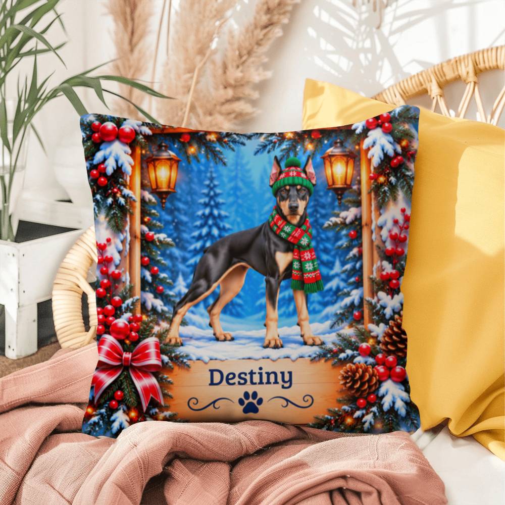Doberman (Black & Fawn Coat) - Personalized Winter Home Decor, Custom Name Throw Pillow