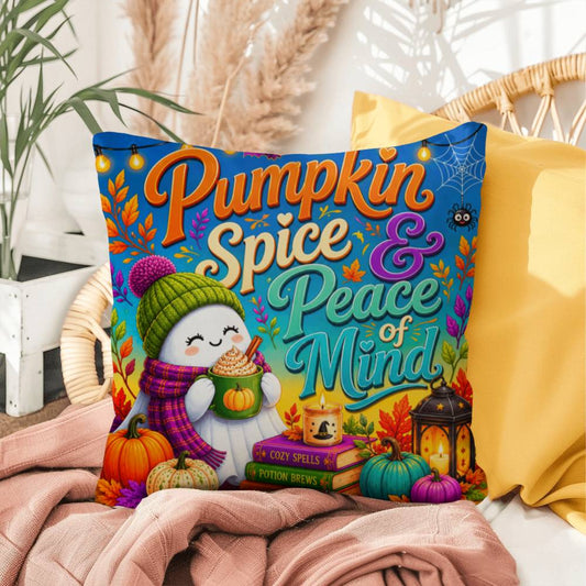 Pumpkin Spice & Peace Of Mind quote on a Halloween throw pillow with cozy fall themed artwork