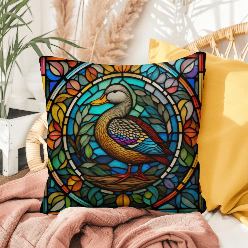 Duck stained glass throw pillow, indoor outdoor farm animal decor, home accent pillow