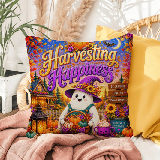 Harvesting Happiness quote with autumn harvest artwork on a Halloween throw pillow promoting gratitude