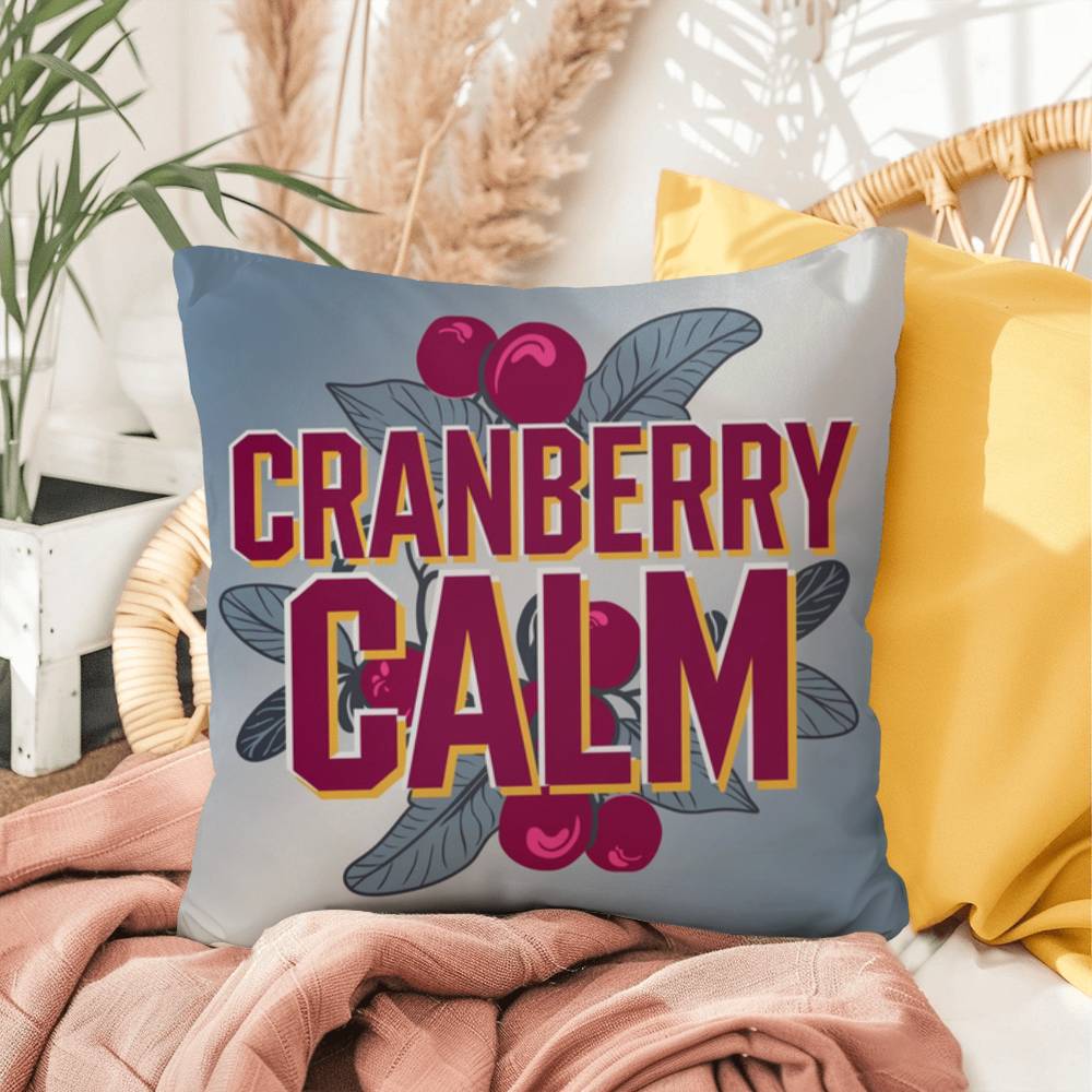Cranberry Calm throw pillow with peaceful mindfulness quote and seasonal fall home décor accent