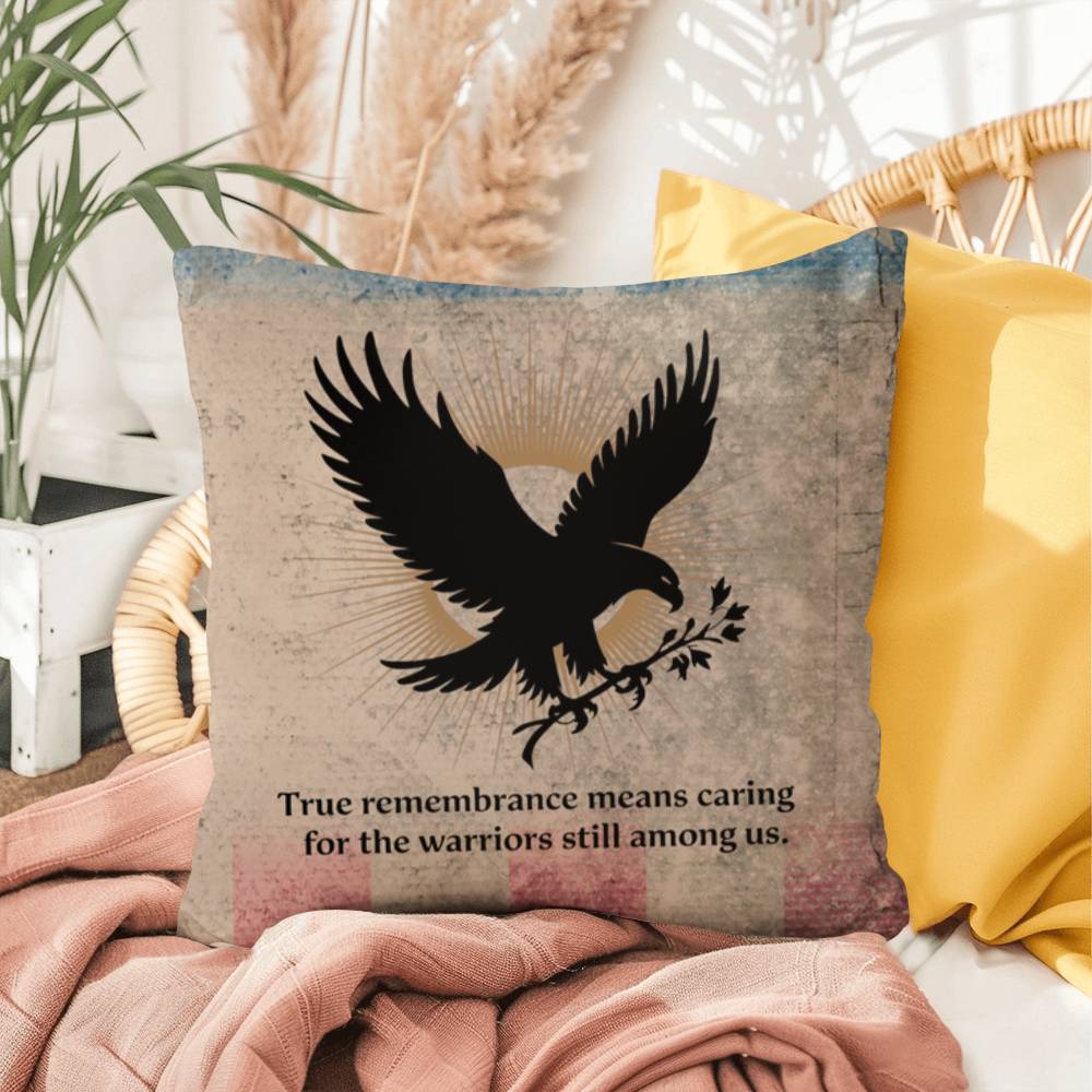 True Remembrance Means Caring Indoor/Outdoor Pillow: Resilient Comfort - Mental Health & Memorial Tribute