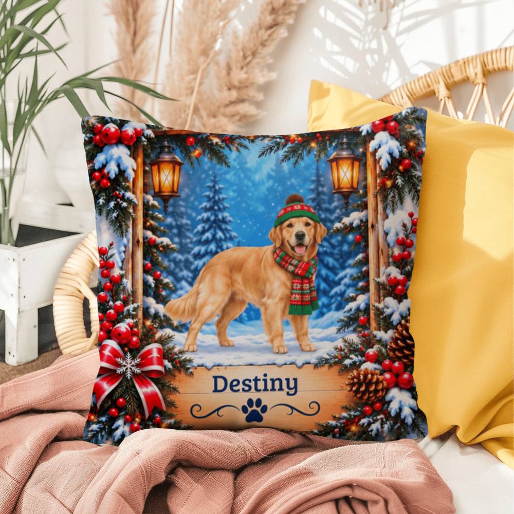 Golden Retriever (Light Golden Coat) - Personalized Snowy Woodland Pillow, Custom Dog Name Gift