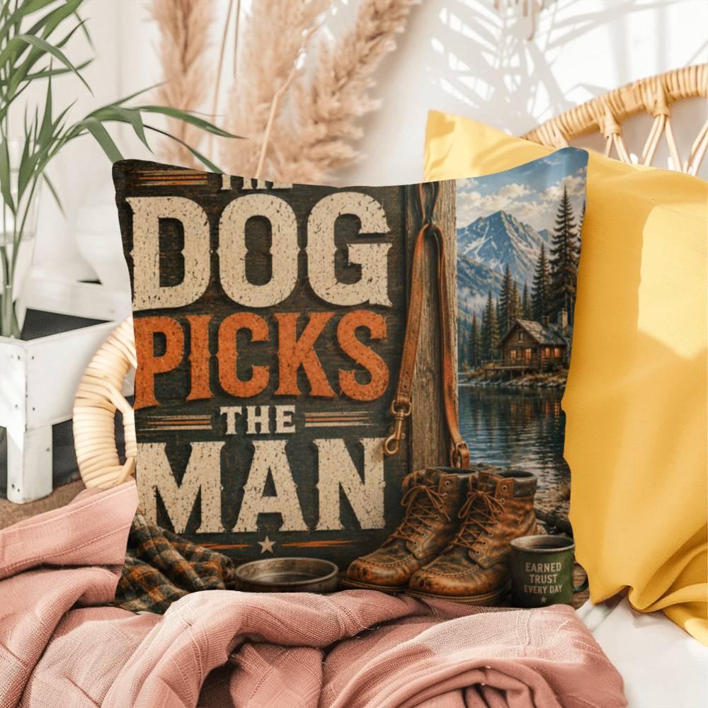 Shop our the dog picks the man throw pillow featuring the 16" x 16" style option from MySisterIsASurvivor.