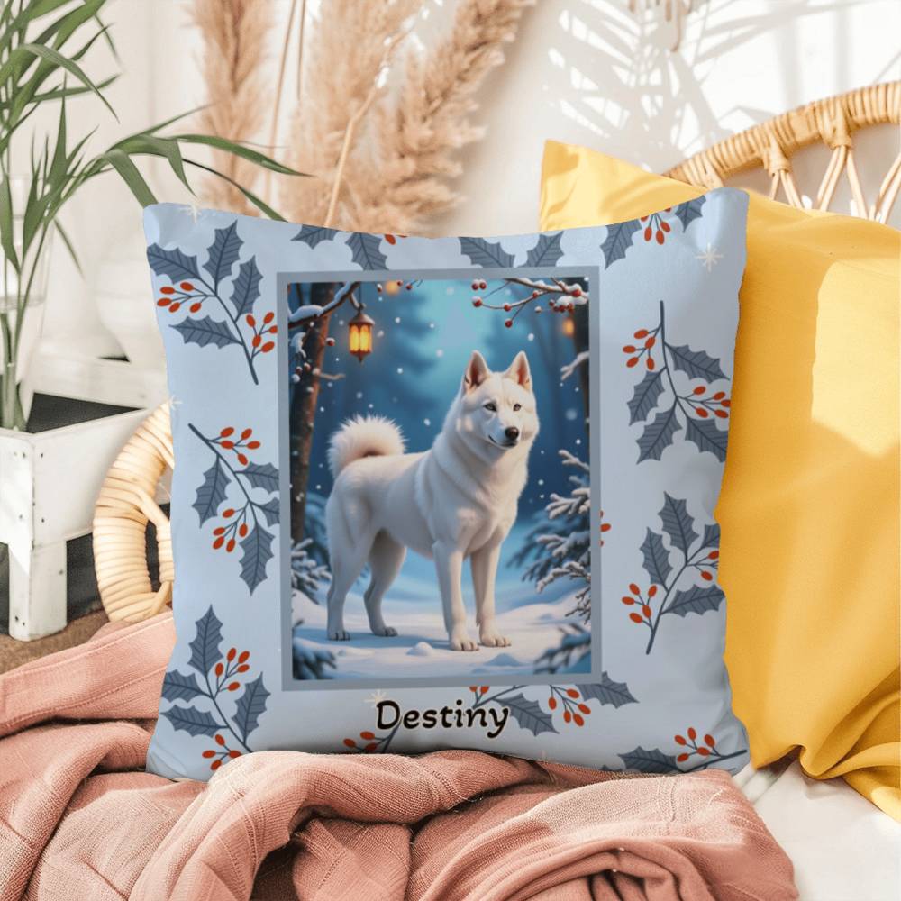 Husky White Pillow - Winter Husky throw pillow, indoor seasonal dog pillow, cozy home accent