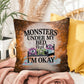 Halloween indoor/outdoor throw pillow with “Monsters Under My Bed” for seasonal fun