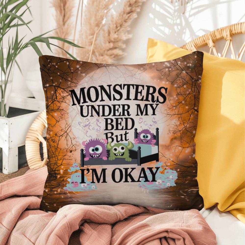 Halloween indoor/outdoor throw pillow with “Monsters Under My Bed” for seasonal fun