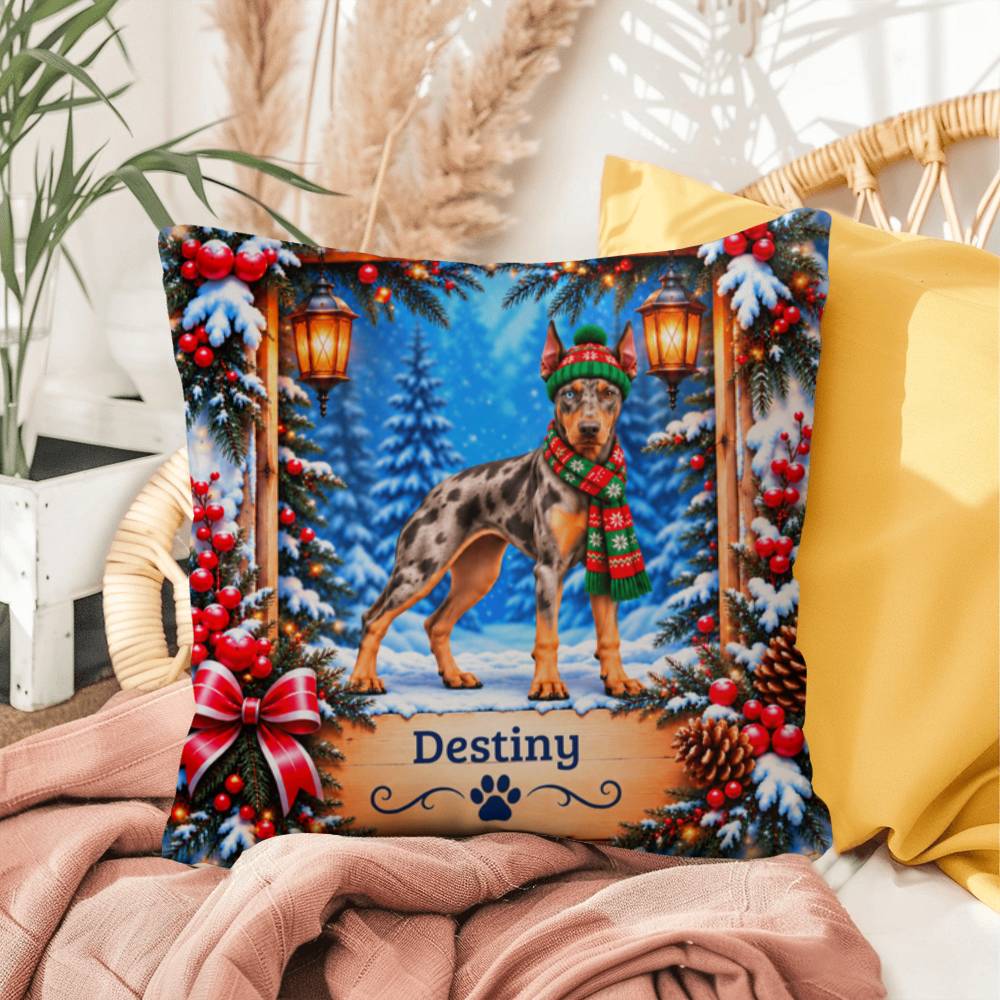 Doberman (Merle Coat) - Personalized Dog Name Cushion, Snowy Woodland Throw Pillow Gift