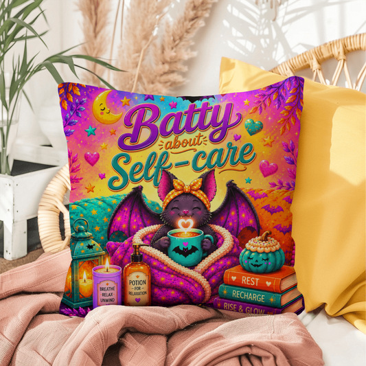 Batty About Self-Care quote with smiling bat illustration on a Halloween pillow focused on daily wellness