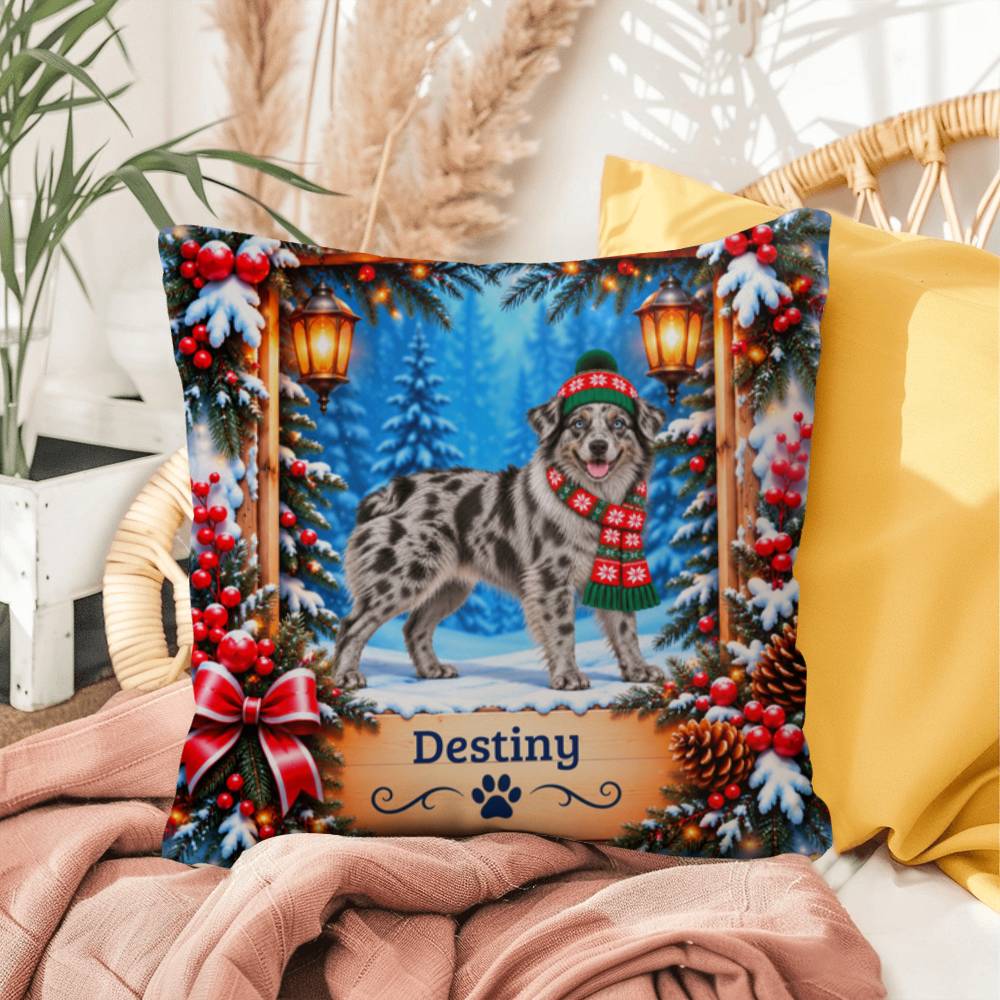 Australian Shepherd (Solid Blue Merle Coat) - Personalized Blue-Eyed Dog Pillow, Snowy Lodge Decor