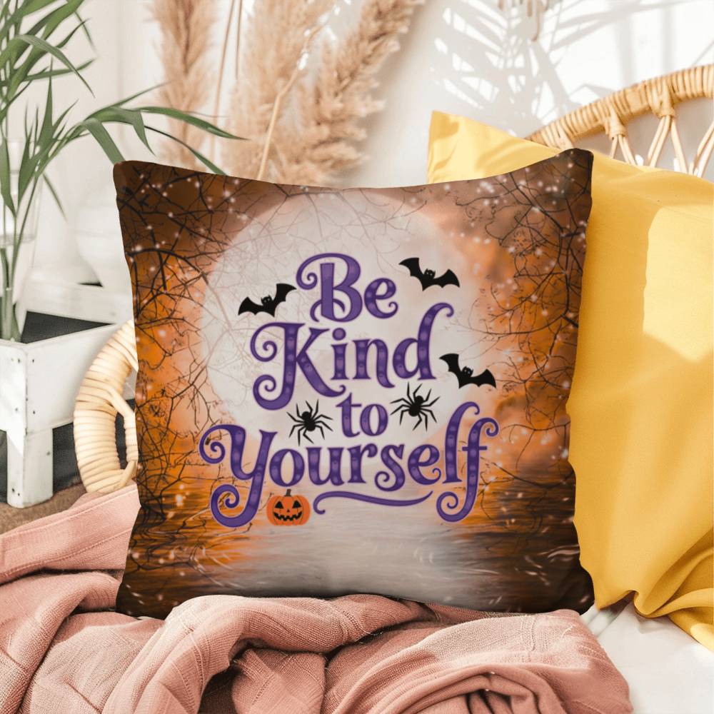 Inspirational Halloween indoor/outdoor pillow featuring “Be Kind To Yourself” for self-care and positivity